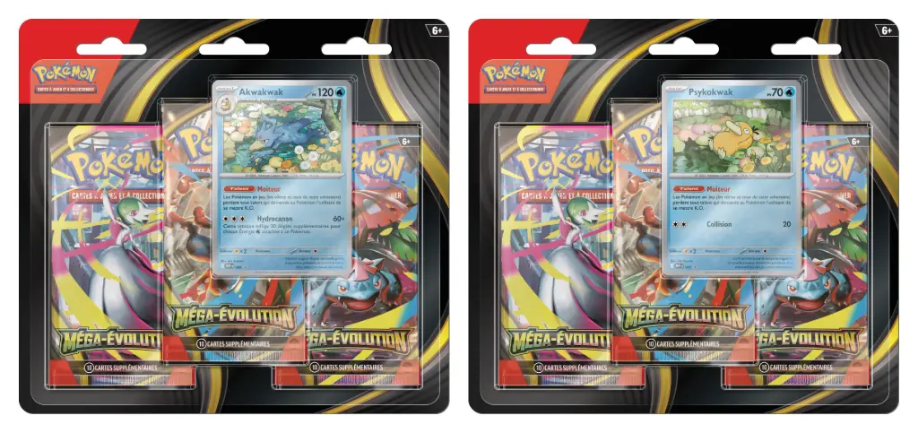 Pokémon JCC - Méga-Évolution - Pack Blister de 3 Boosters ME01 Akwakwak ou Psykokwak (1 Blister aléatoire) - FR 