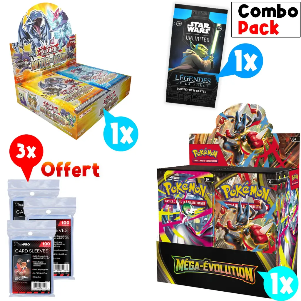 Bundle Display Méga Evolution Pokemon ME01 + Display Yu-Gi-Oh! Le Tumulte des Légendes: Monster Mayhem (24 Boosters) + Booster Star Wars Légendes de la Force - FR