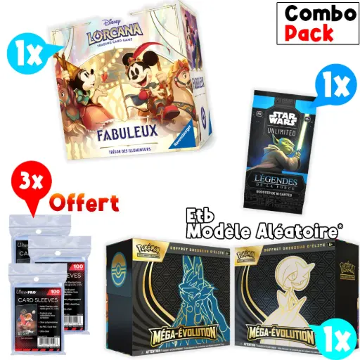 Bundle ETB Coffret dresseur d'élite Méga évolutions ME01 + Disney Lorcana JCC : Fabuleux - Le Trésor des Illumineurs + Booster Star Wars Légendes de la Force - FR