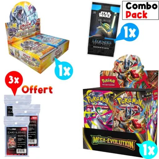 Bundle Display Méga Evolution Pokemon ME01 + Display Yu-Gi-Oh! Le Tumulte des Légendes: Monster Mayhem (24 Boosters) + Booster Star Wars Légendes de la Force - FR