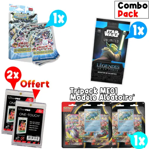 Bundle JCC Pokemon Tripack ME01 Méga Evolutions + Yu-Gi-Oh! JCC Pack de 3 Boosters Les Chasseurs de Justice (Blister cartonné) + Booster Star Wars Légendes de la force - FR
